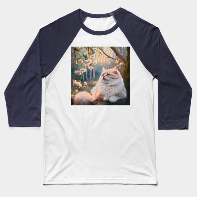 White fluffy cat rest peacefully in the floral nature Baseball T-Shirt by Annie